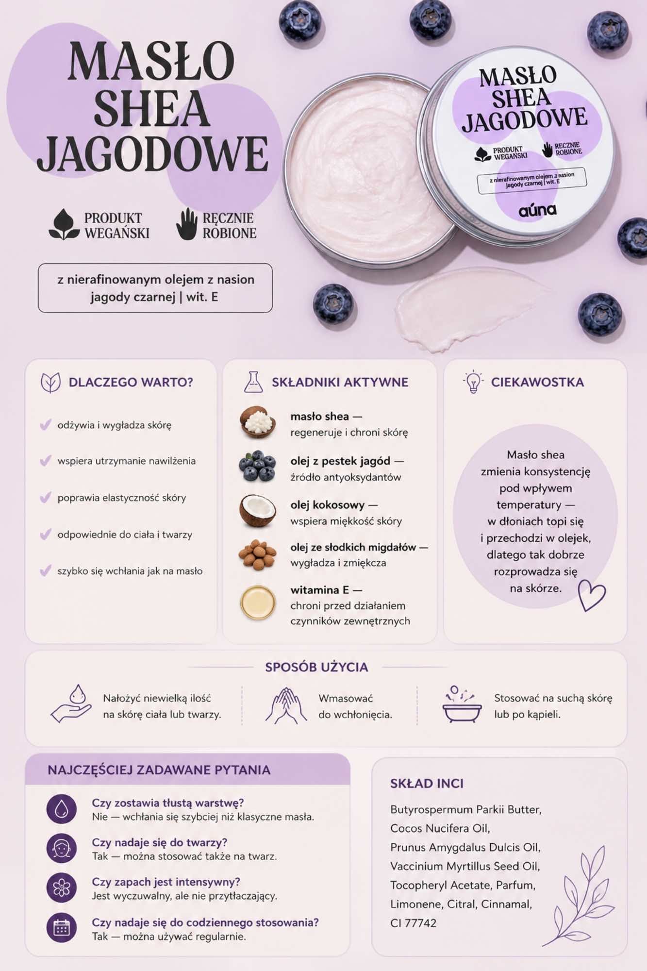 Masło shea jagodowe 60 ml | do ciała i twarzy | z olejem jagodowym | Auna