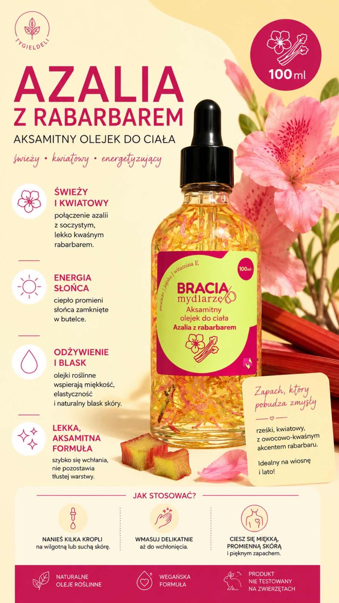 Azalia z rabarbarem – aksamitny olejek do ciała 100 ml | Bracia Mydlarze
