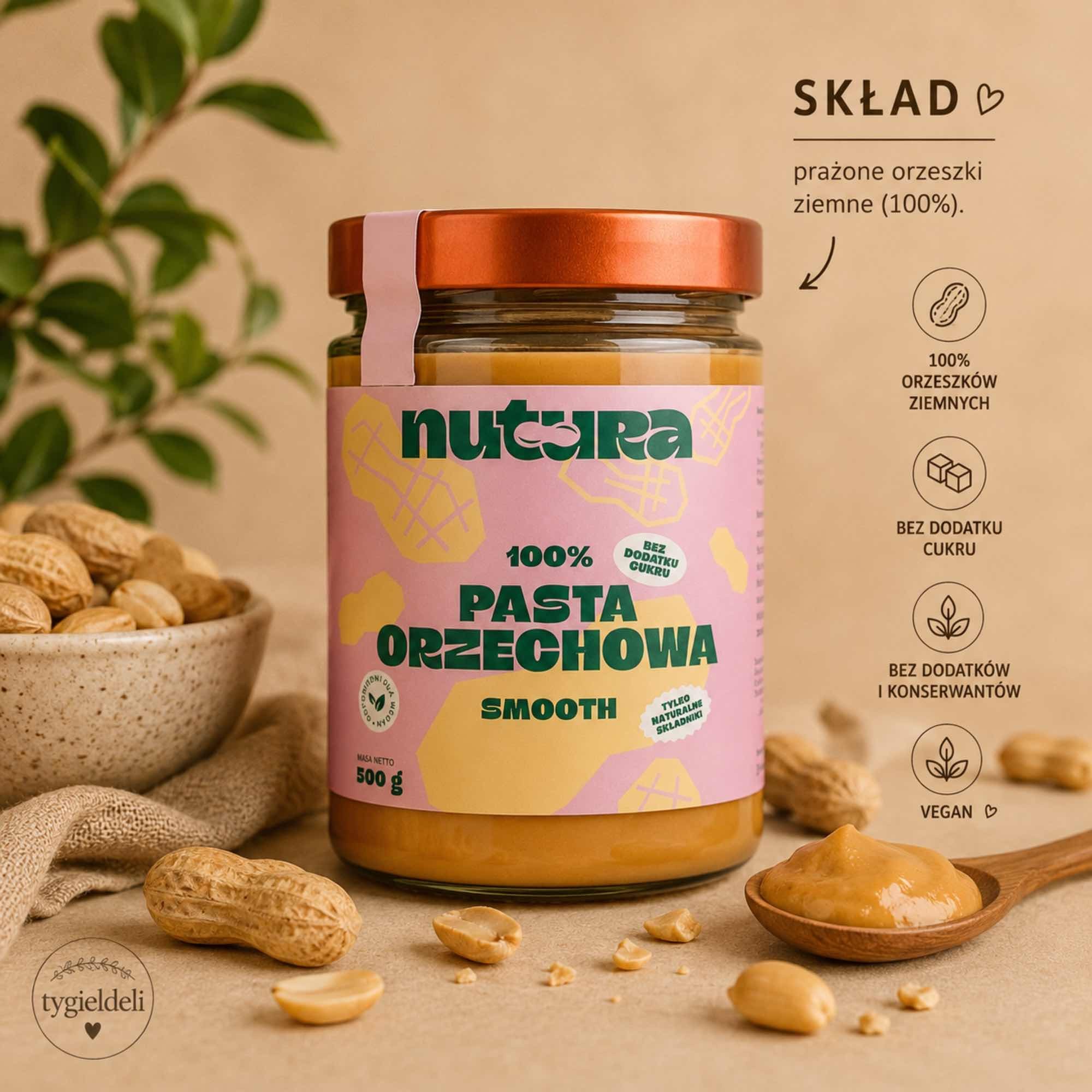 Pasta orzechowa smooth 500 g | 100% prażone orzeszki ziemne | Nutura