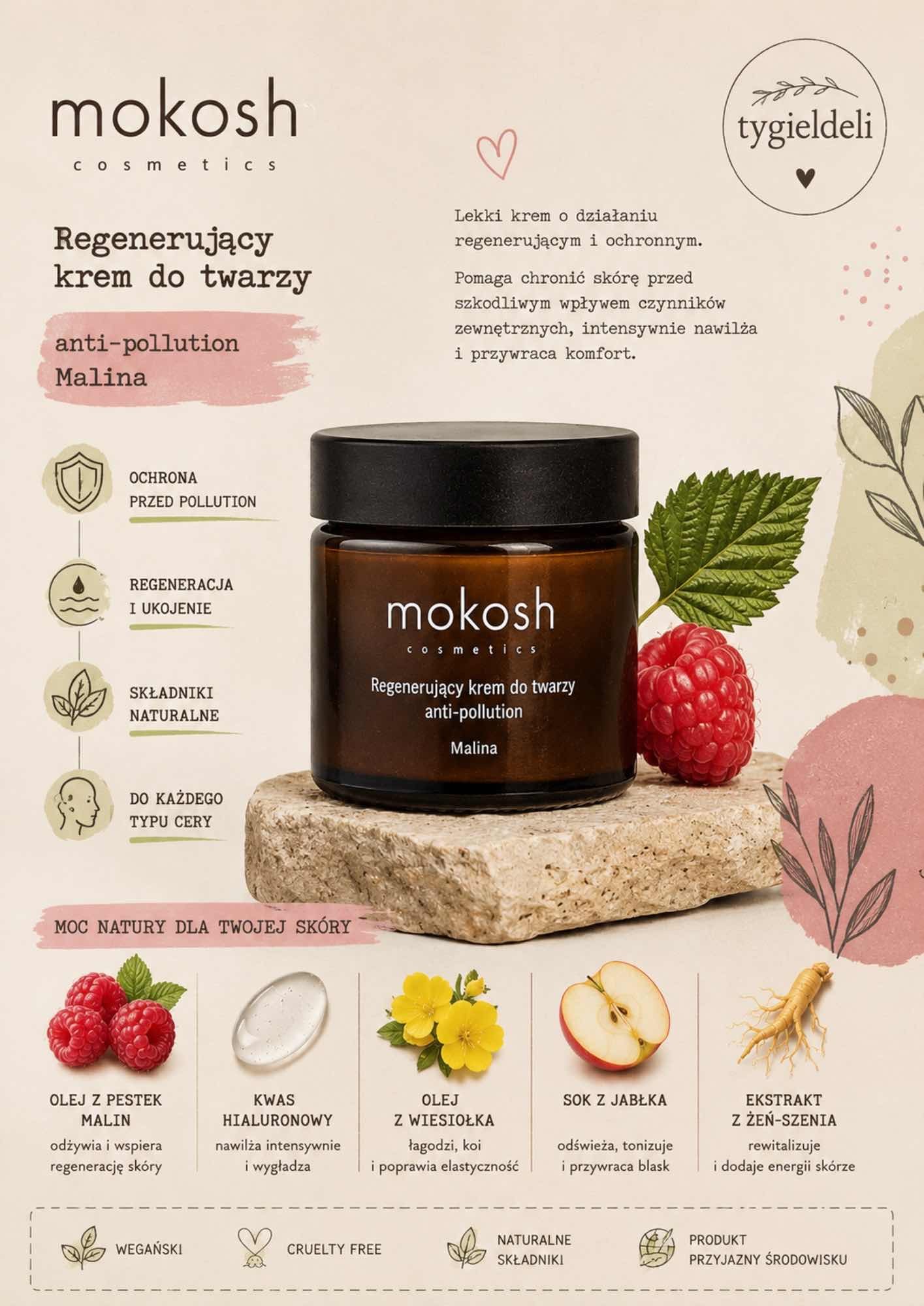 Regenerujący krem do twarzy Malina | 60 ml | Mokosh