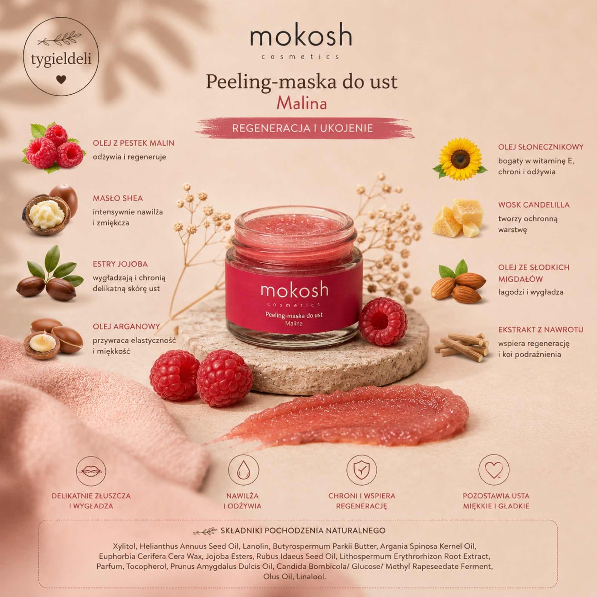 Peeling-maska do ust Malina | 15 ml | Mokosh