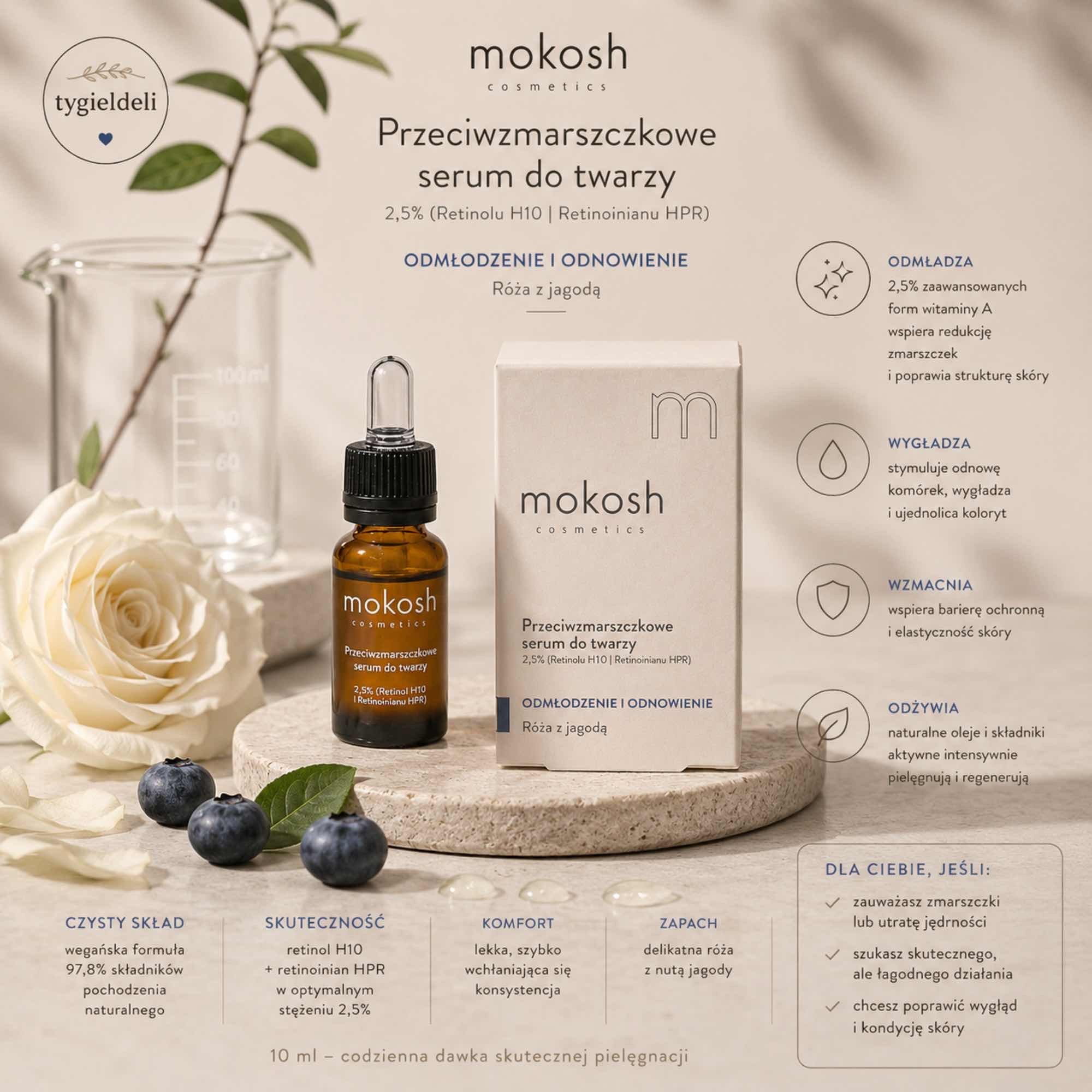 Przeciwzmarszczkowe serum do twarzy 2,5% Retinolu H10 i Retinoinianu HPR Róża z jagodą | 10 ml | Mokosh