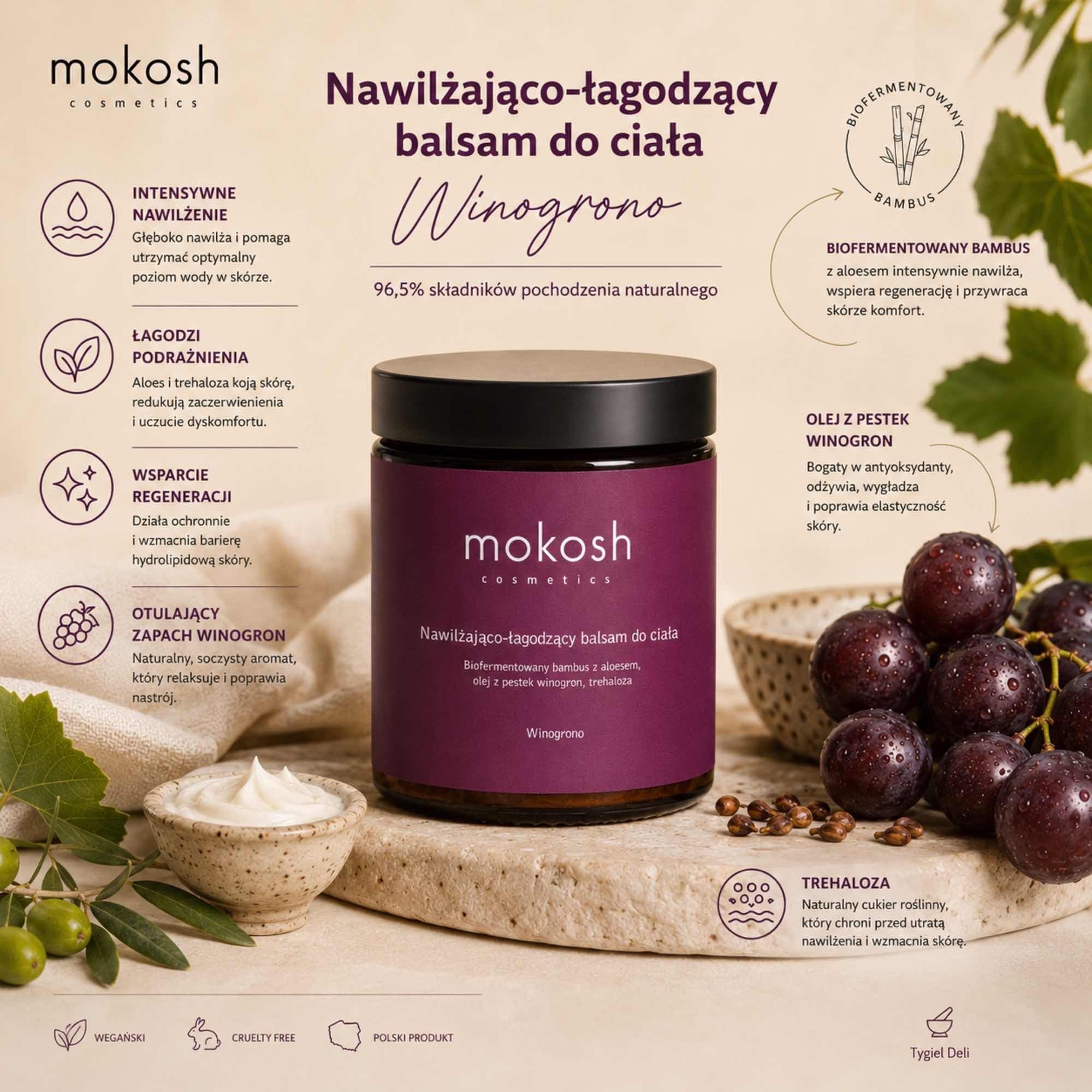 Nawilżająco-łagodzący balsam do ciała Winogrono z aloesem i pantenolem | 180 ml | Mokosh