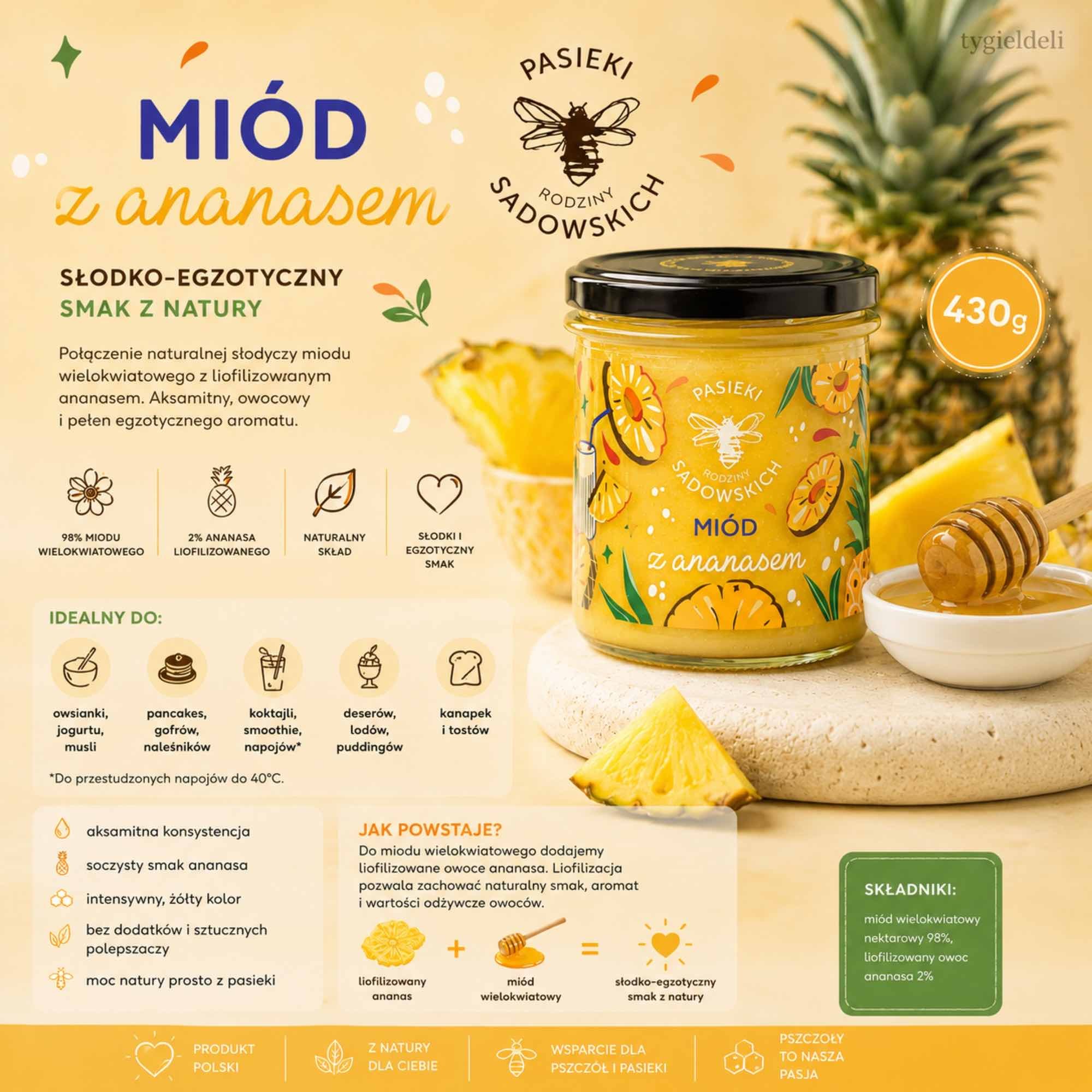 Miód z ananasem | 430 g | Pasieki Sadowskich