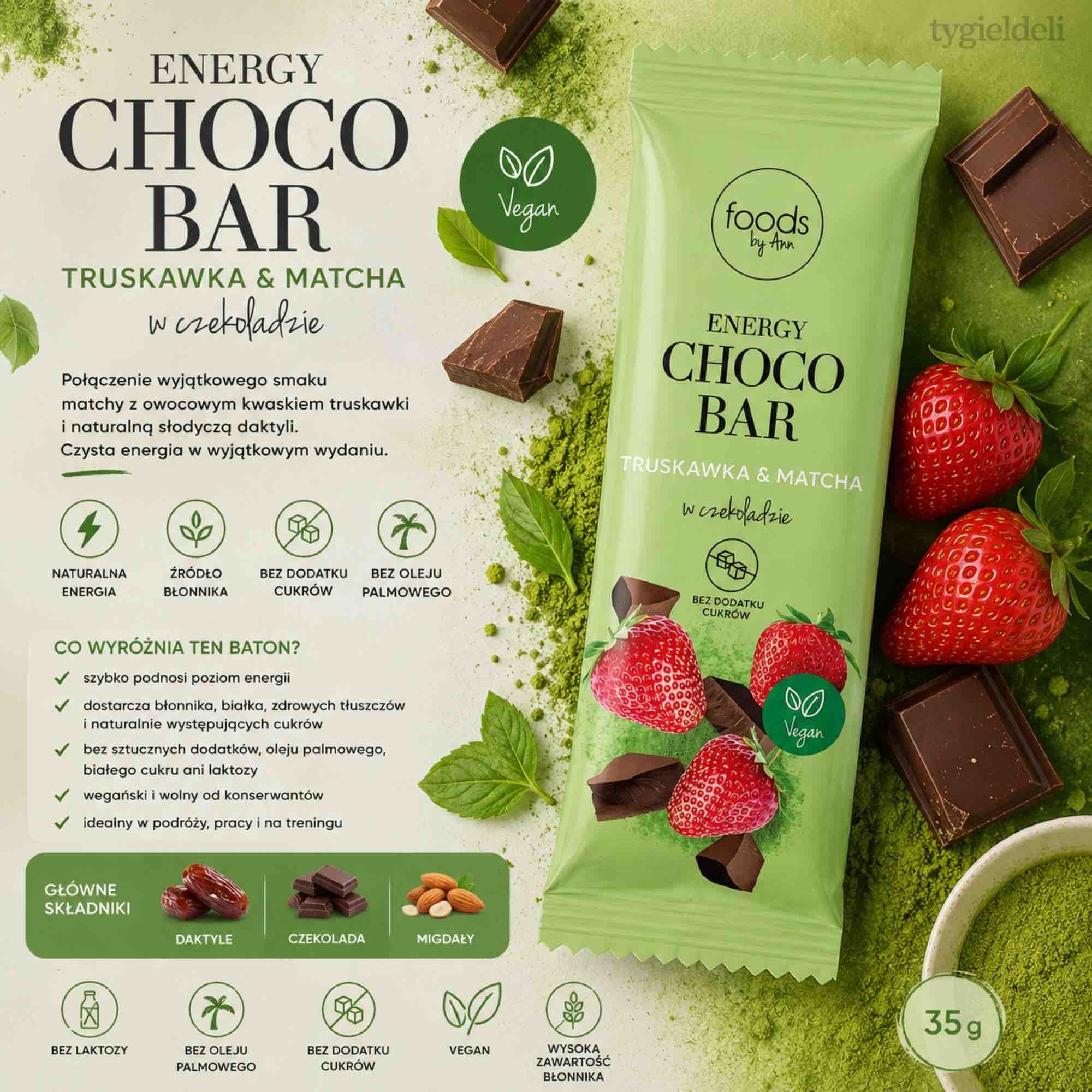 Energy Choco Bar Matcha i Truskawka | 35 g | Foods by Ann