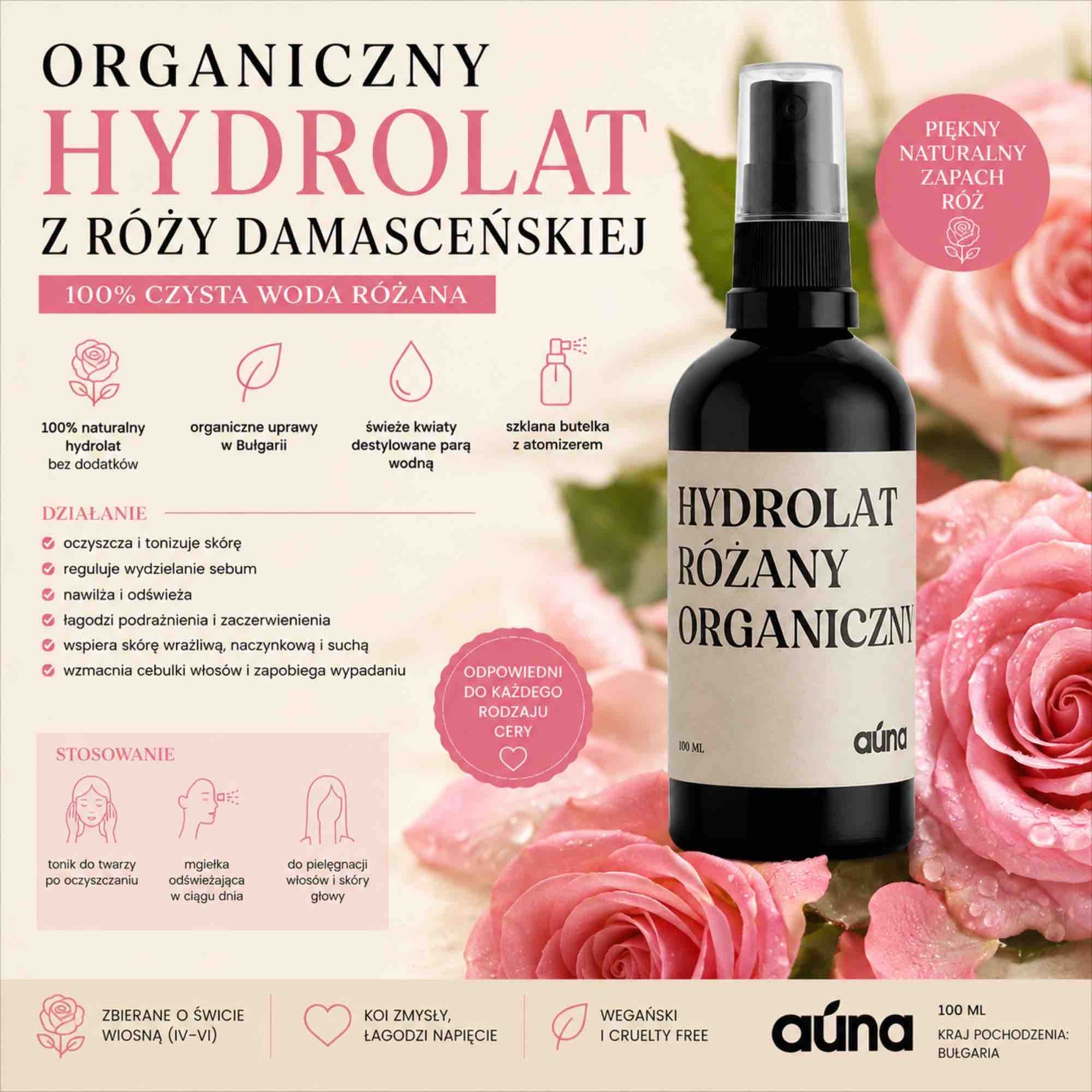 Organiczny hydrolat z róży damasceńskiej | 100 ml | Auna