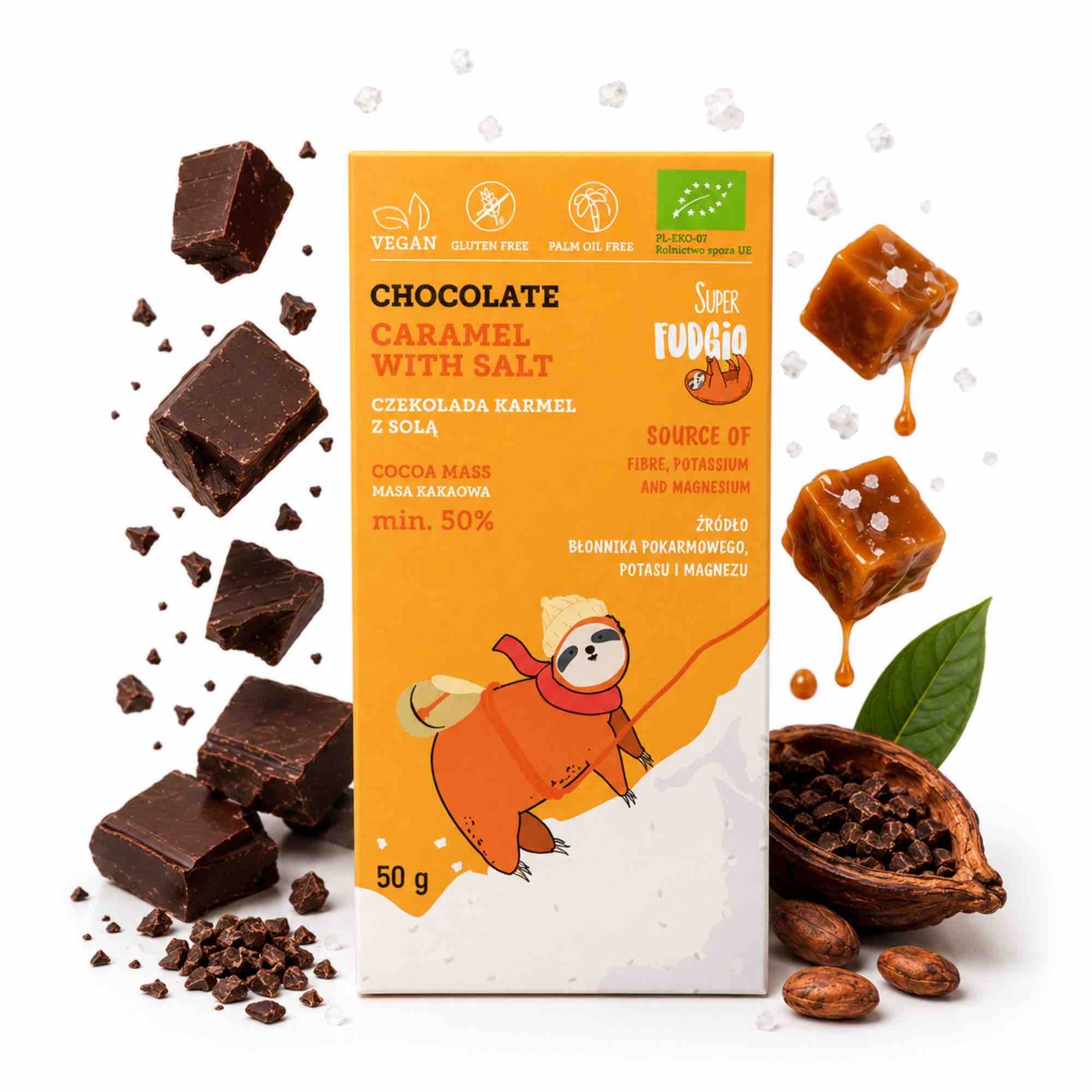 Czekolada karmel z solą BIO 50 g – wegańska czekolada | Super Fudgio