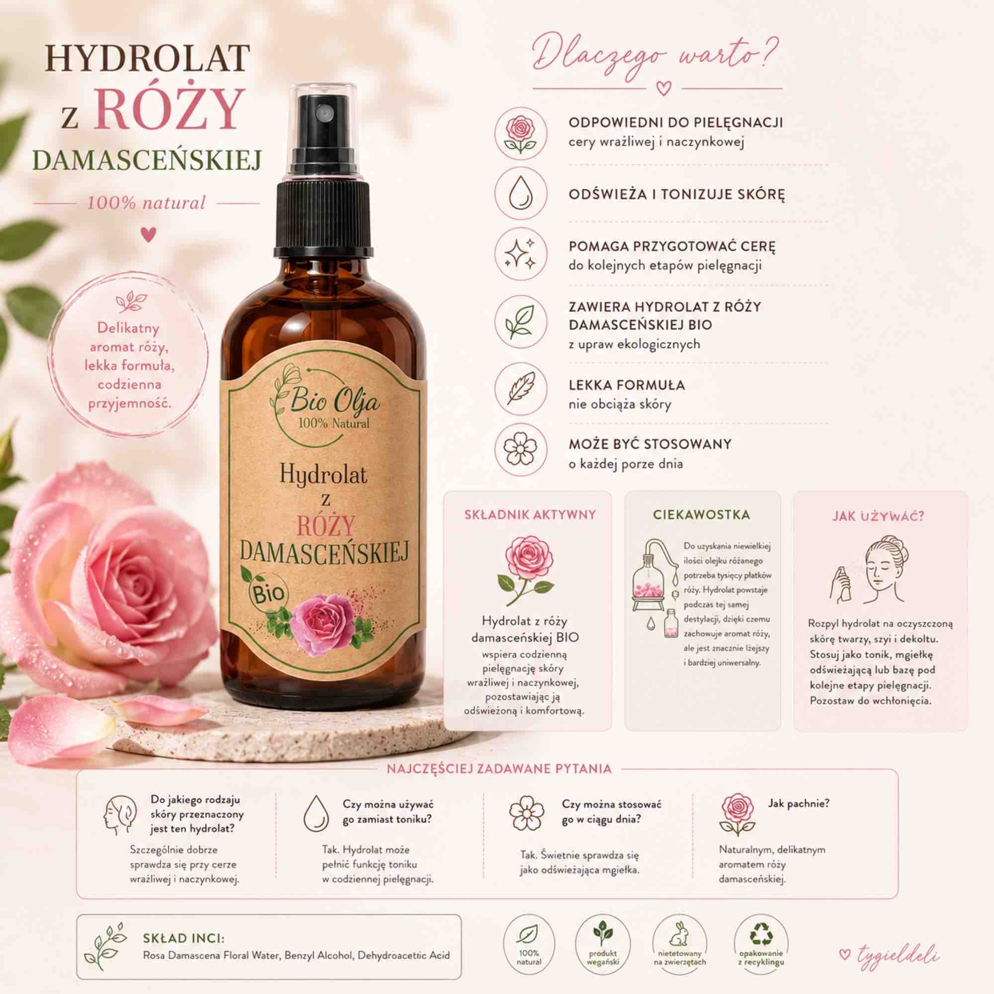 Hydrolat z róży damasceńskiej BIO 100 ml | cera wrażliwa i naczynkowa | BioOlja