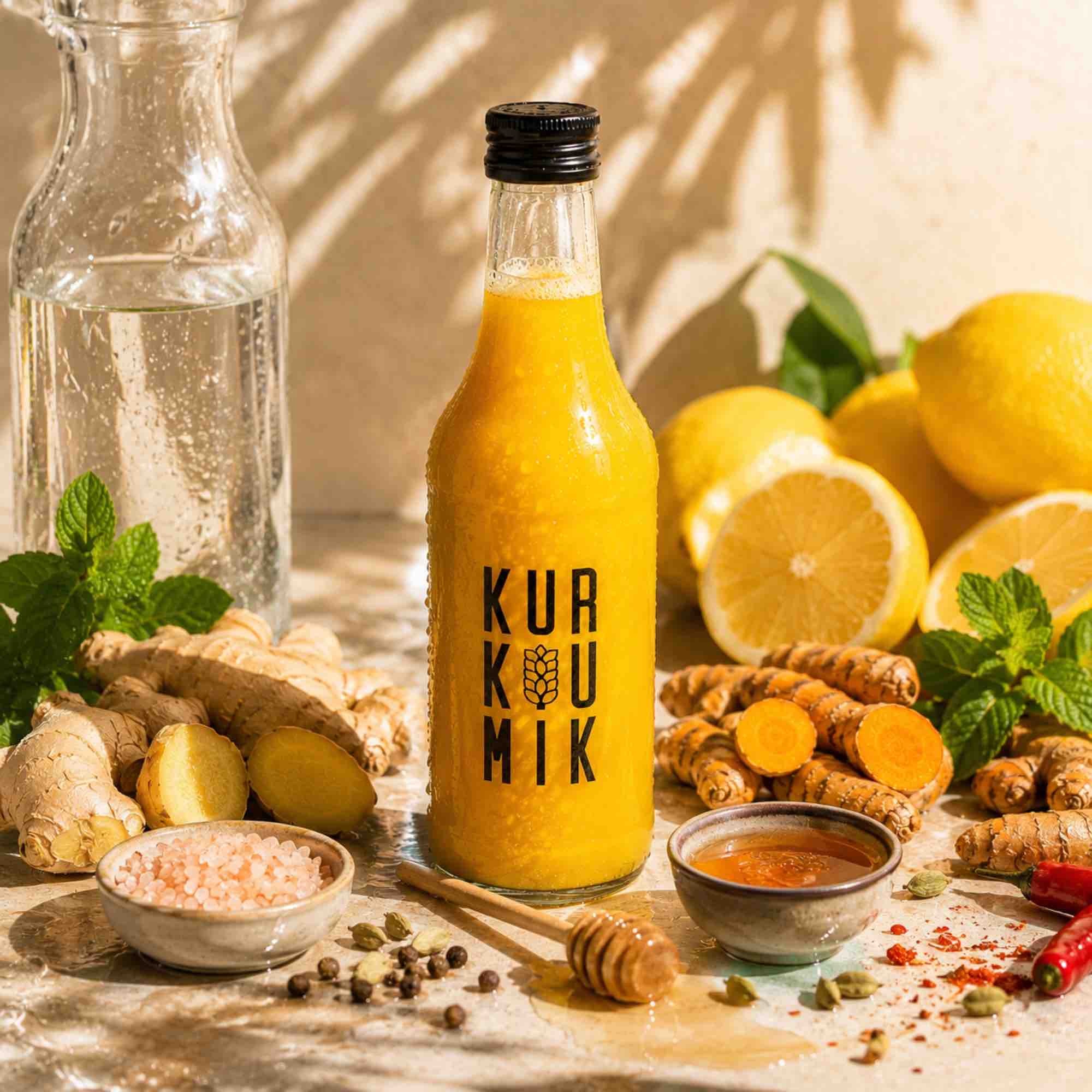 Kurkumik napój z kurkumą imbirem cytryną i miodem 0,5 l w szklanej butelce
