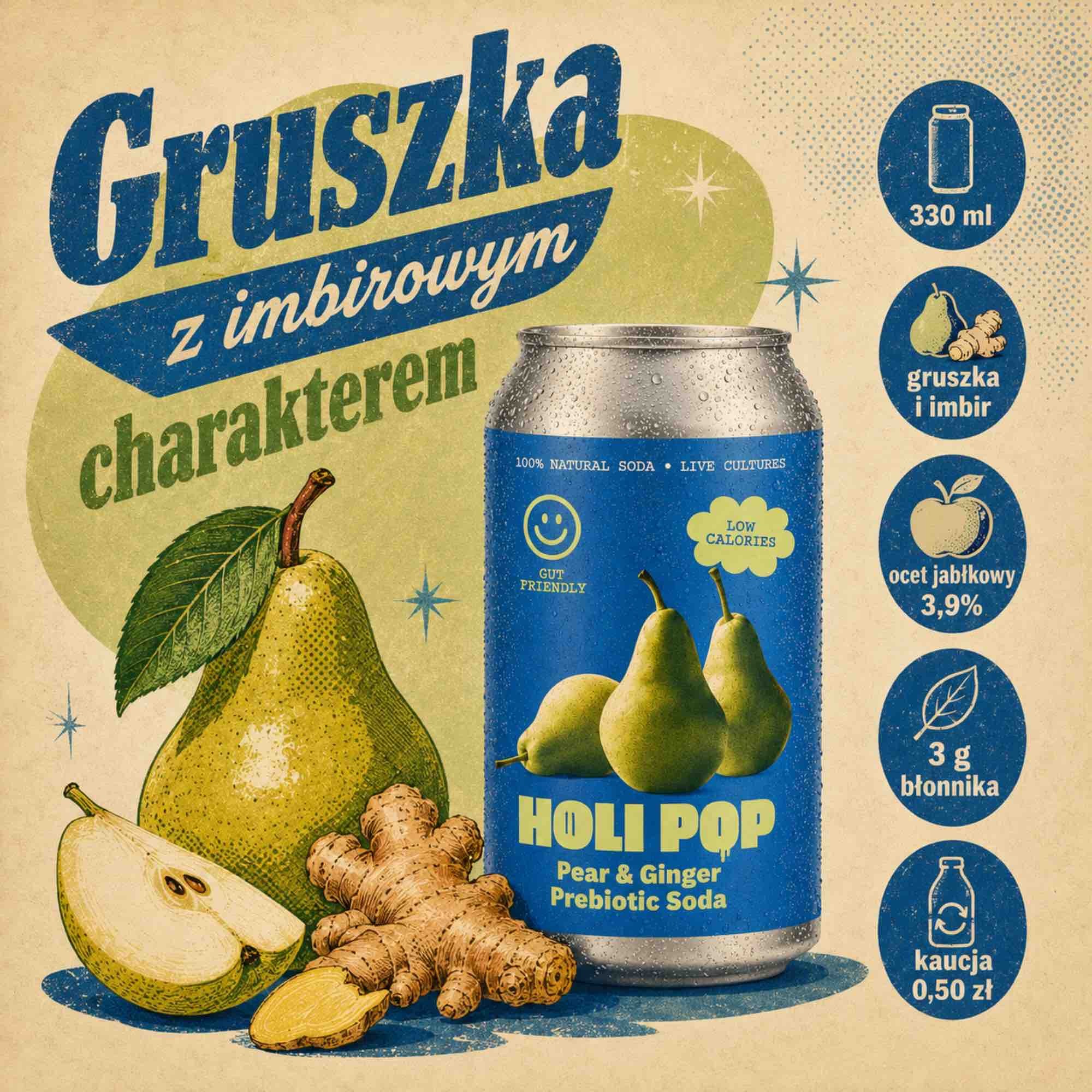 Gruszka Imbir — gazowany napój z octem jabłkowym i inuliną | 330 ml | Holi Pop