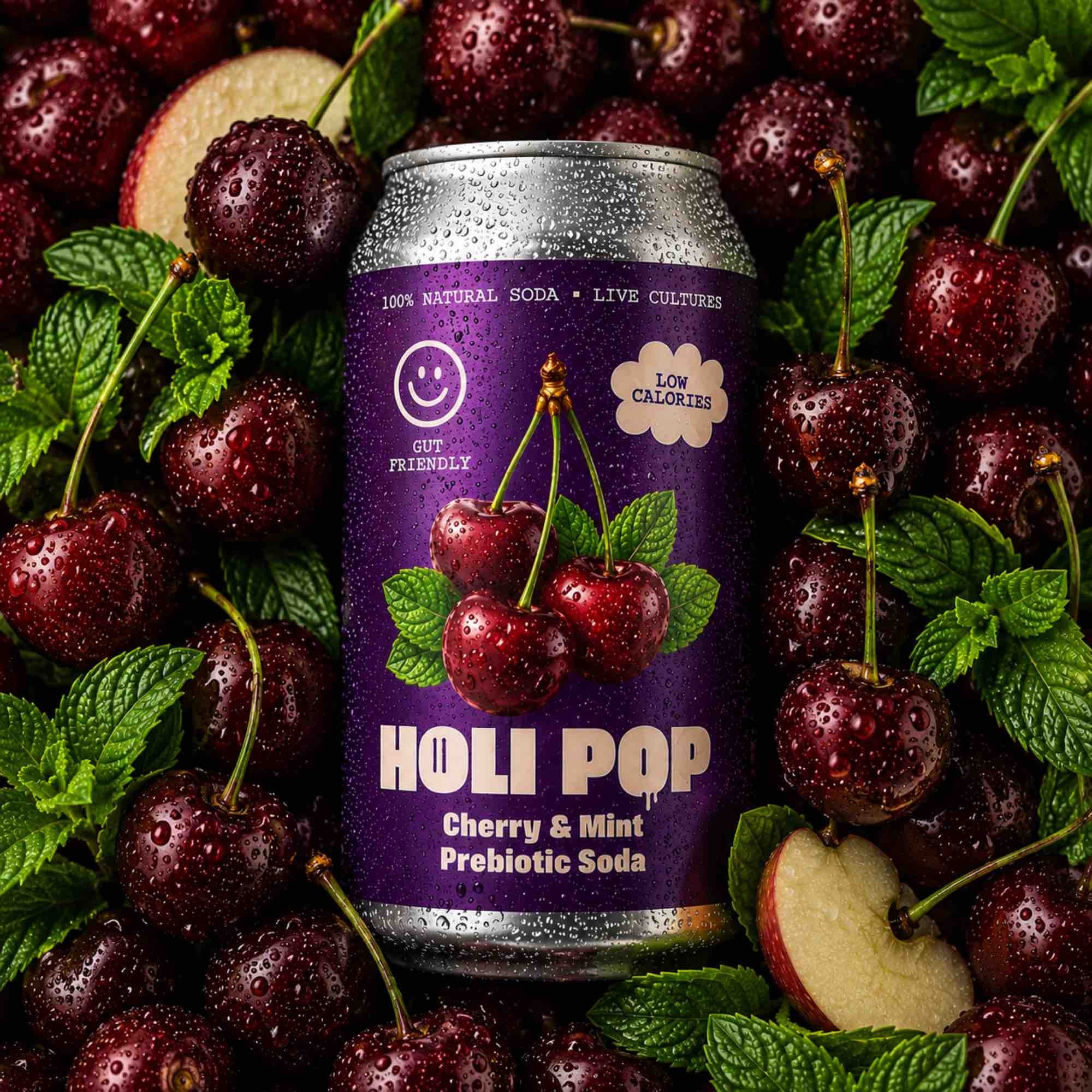 Wiśnia Mięta — gazowany napój z octem jabłkowym i inuliną | 330 ml | Holi Pop