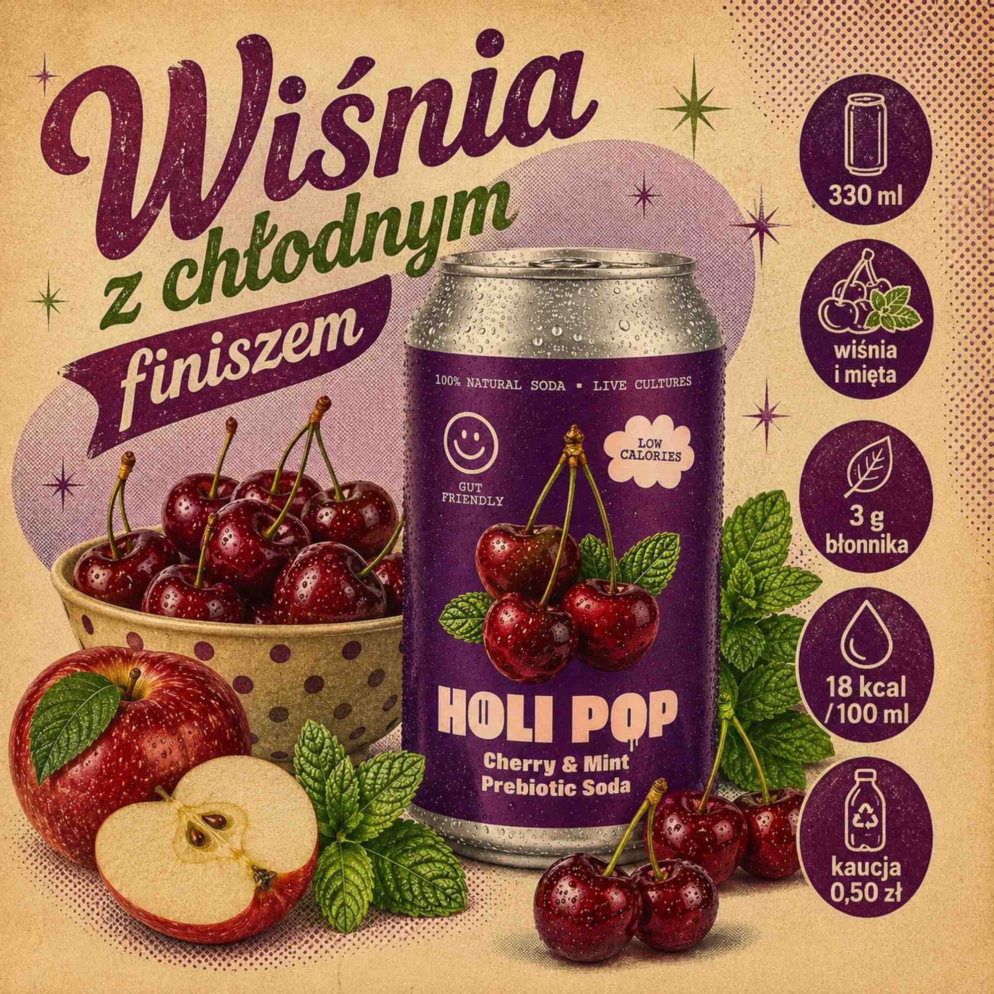 Wiśnia Mięta — gazowany napój z octem jabłkowym i inuliną | 330 ml | Holi Pop