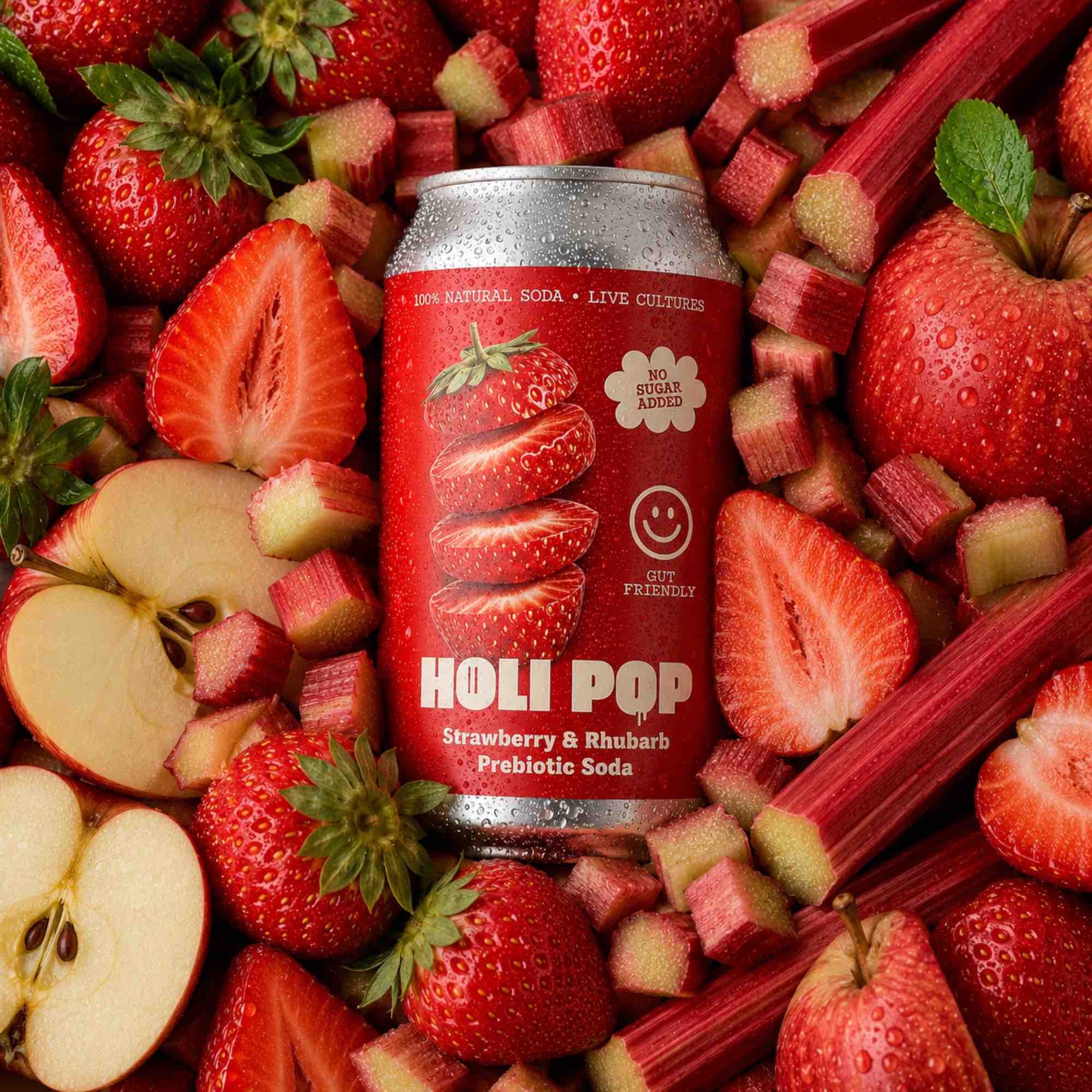 Truskawka Rabarbar — gazowany napój z octem jabłkowym i inuliną | 330 ml | Holi Pop