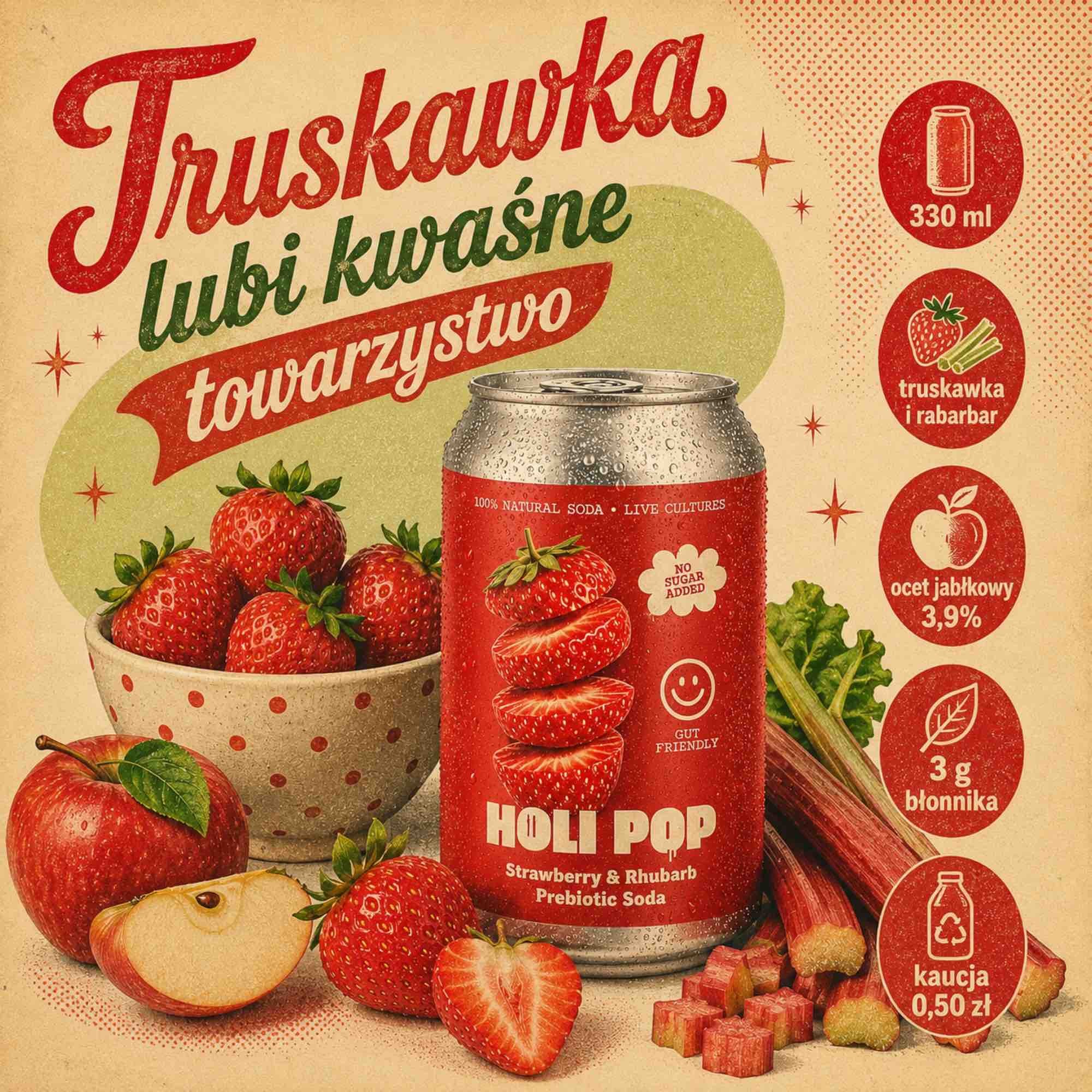 Truskawka Rabarbar — gazowany napój z octem jabłkowym i inuliną | 330 ml | Holi Pop