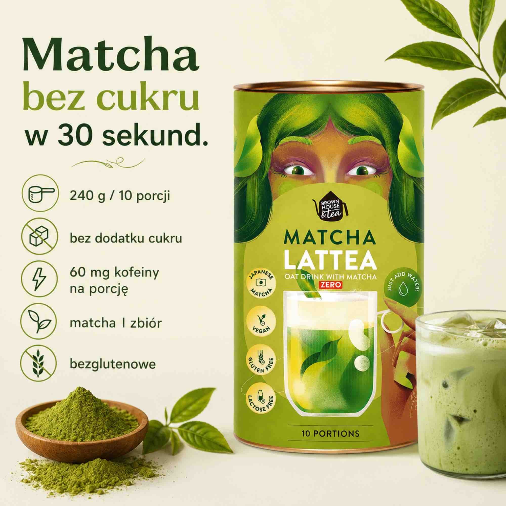 Matcha Lattea ZERO — owsiane matcha latte instant bez cukru | 240 g (10 porcji) | Brown House & Tea