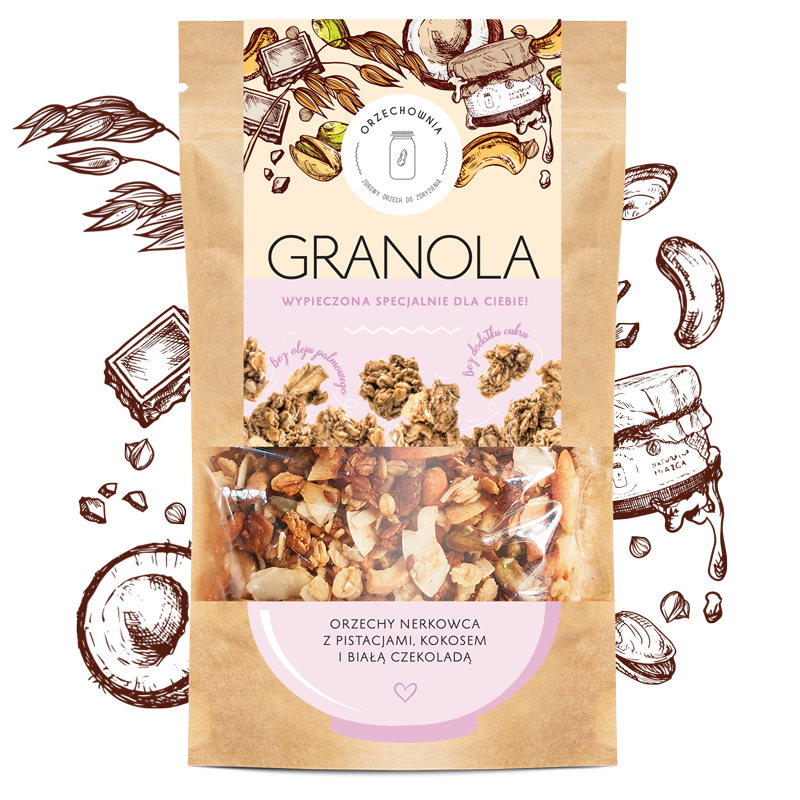Granola pistacje i nerkowce z kokosem i białą czekoladą | 320 g | Orzechownia
