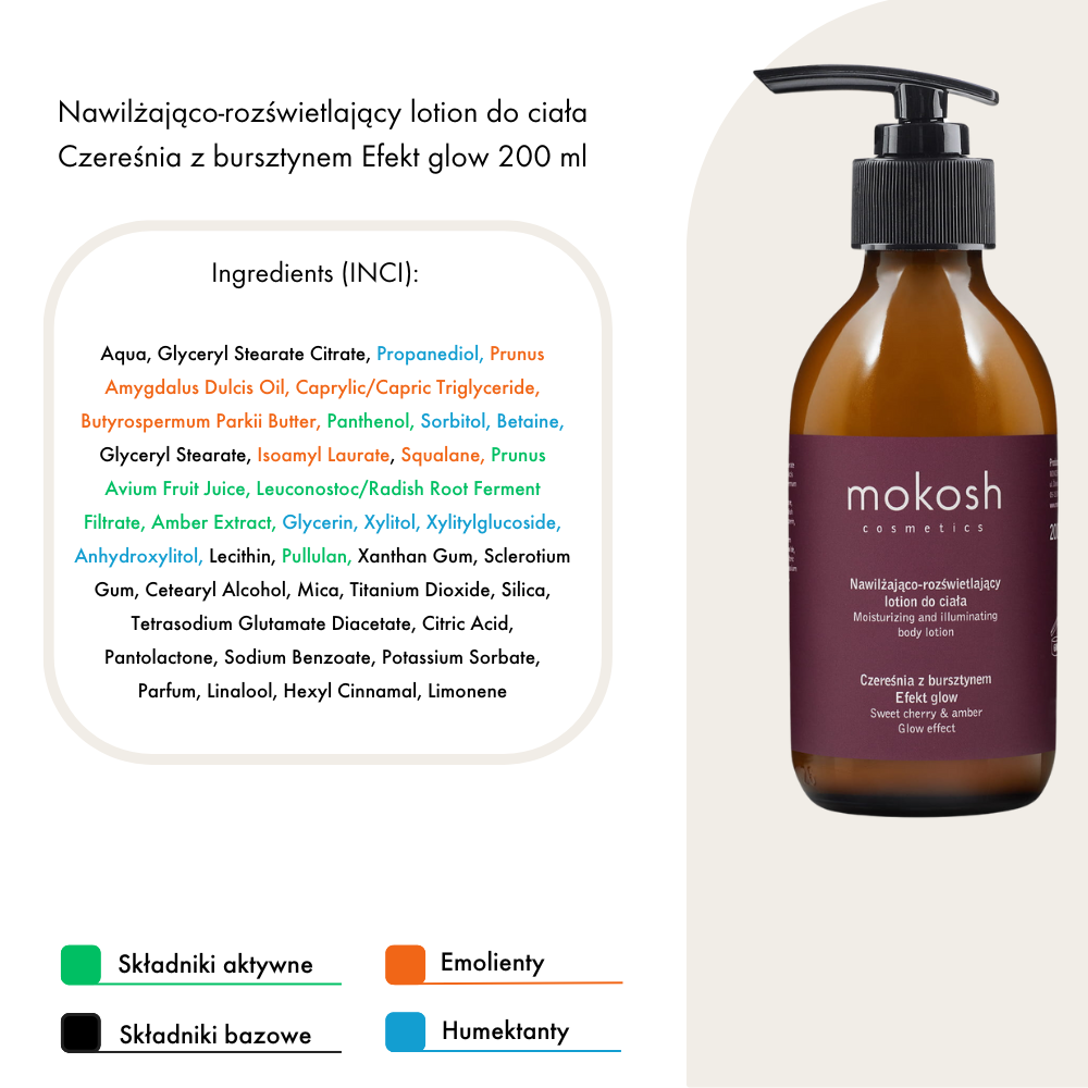 Nawilżająco-rozświetlający lotion do ciała czereśnia z bursztynem Efekt Glow | 200 ml| Mokosh