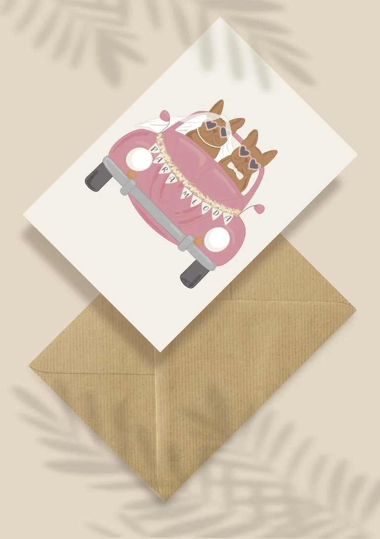 Kartka okolicznościowa "Para Młoda - buldożki francuskie" | Pink Pug