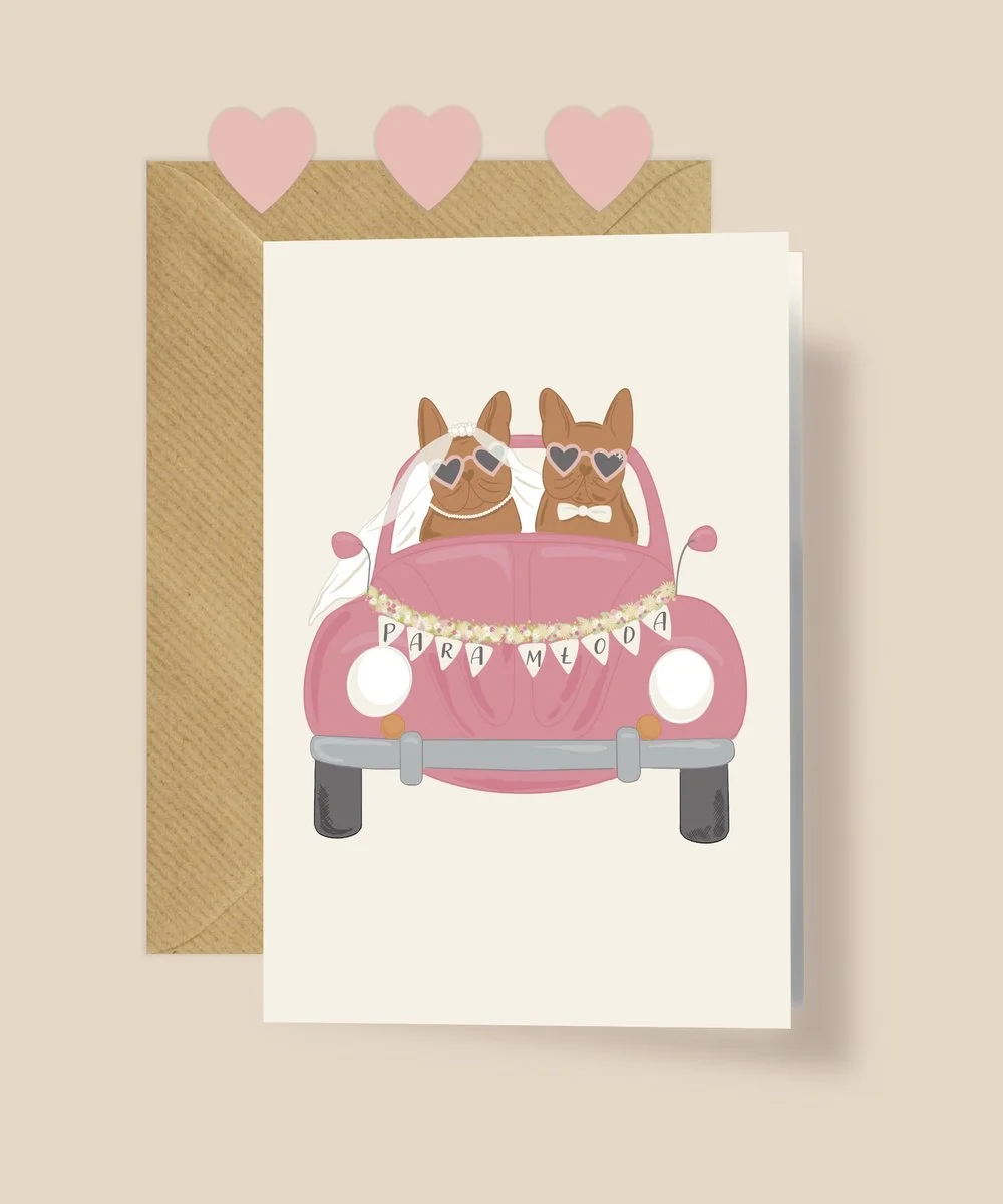 Kartka okolicznościowa "Para Młoda - buldożki francuskie" | Pink Pug