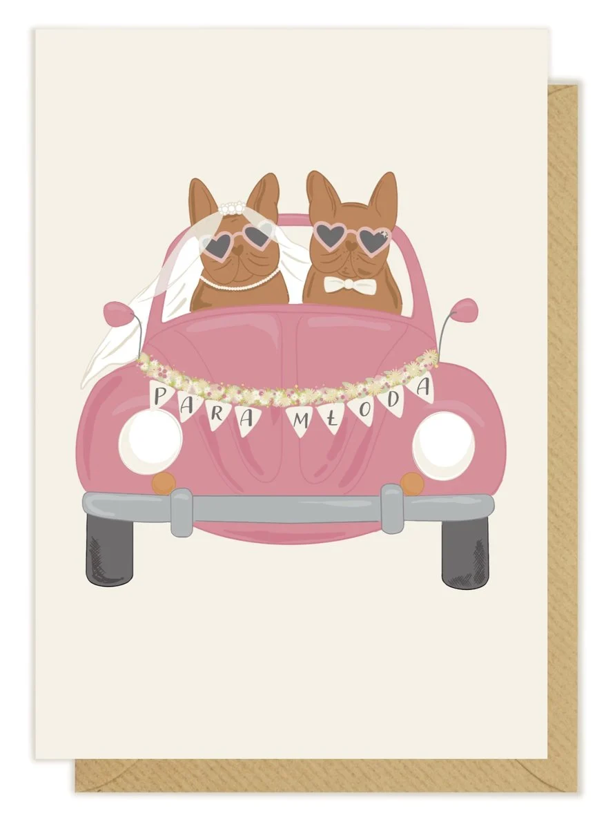 Kartka okolicznościowa "Para Młoda - buldożki francuskie" | Pink Pug