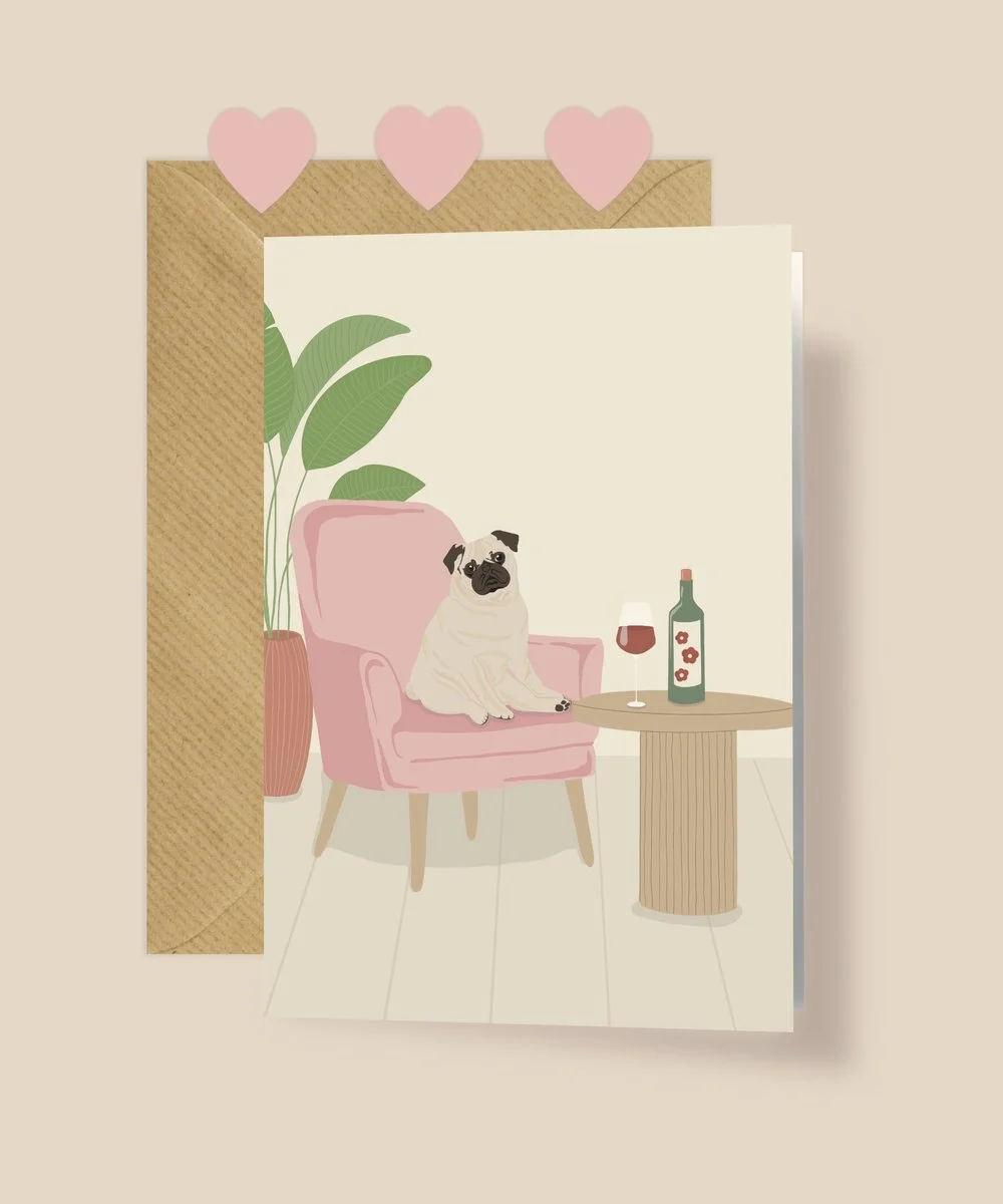 Kartka okolicznościowa "Mops i wino" | Pink Pug