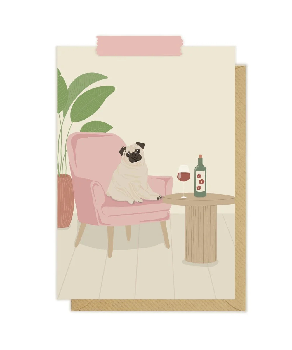 Kartka okolicznościowa "Mops i wino" | Pink Pug