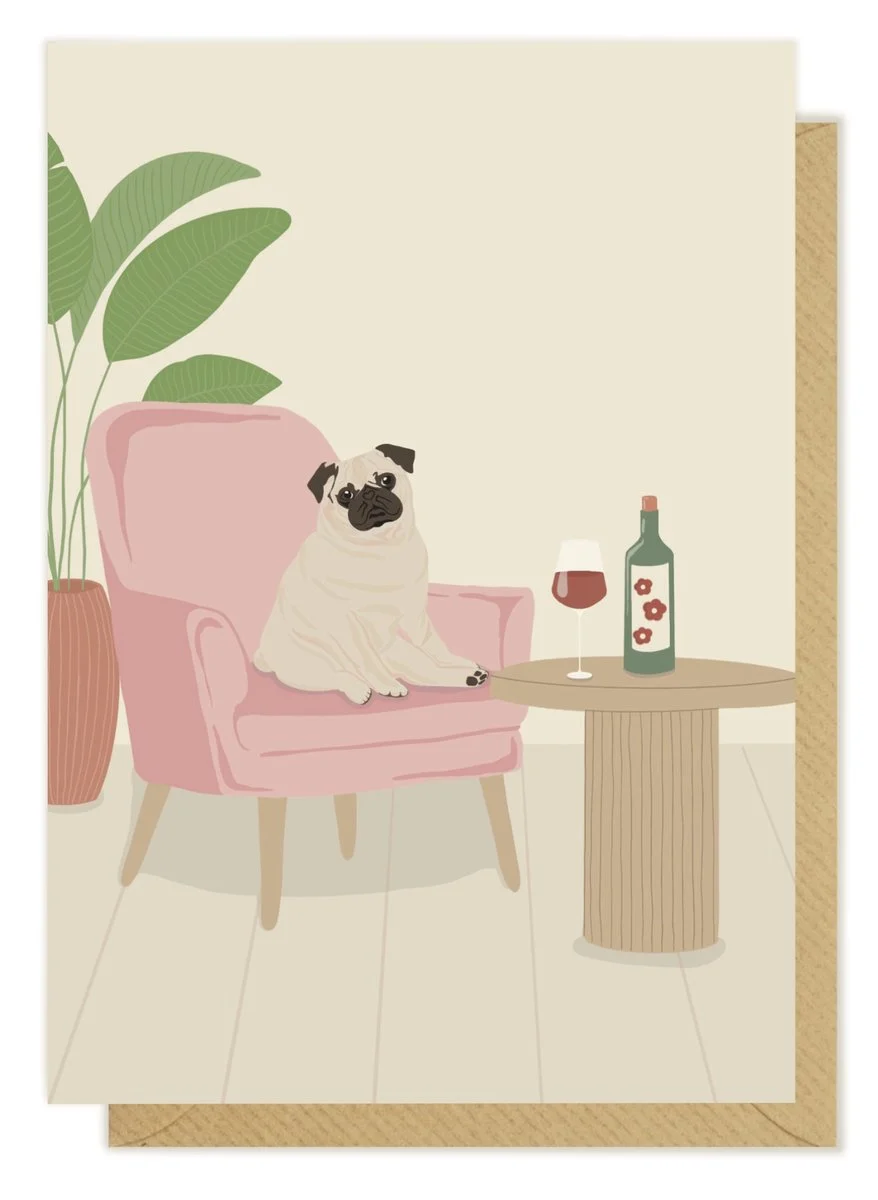 Kartka okolicznościowa "Mops i wino" | Pink Pug
