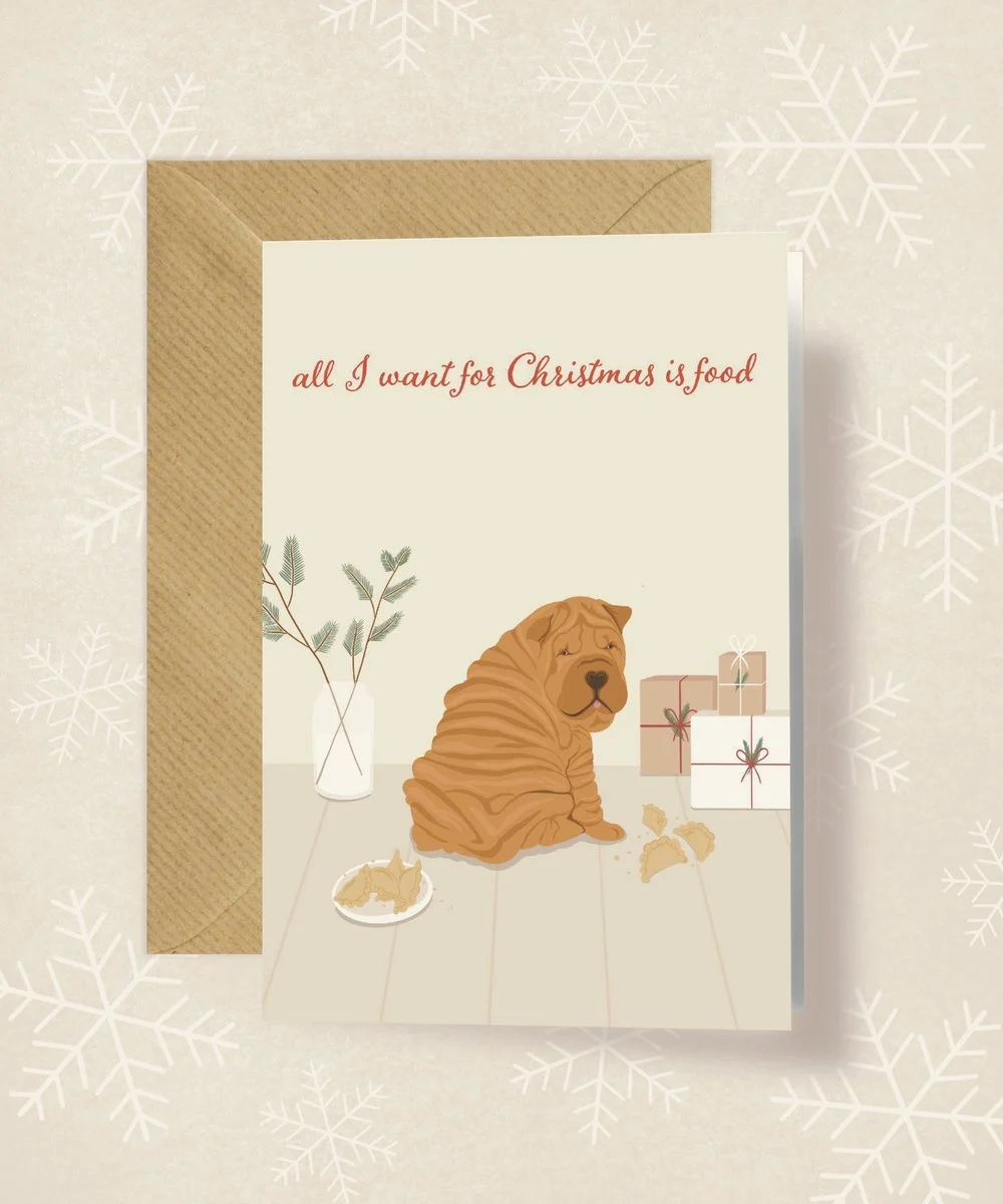 Kartka okolicznościowa "All I Want For Christmas Is Food" | Pink Pug