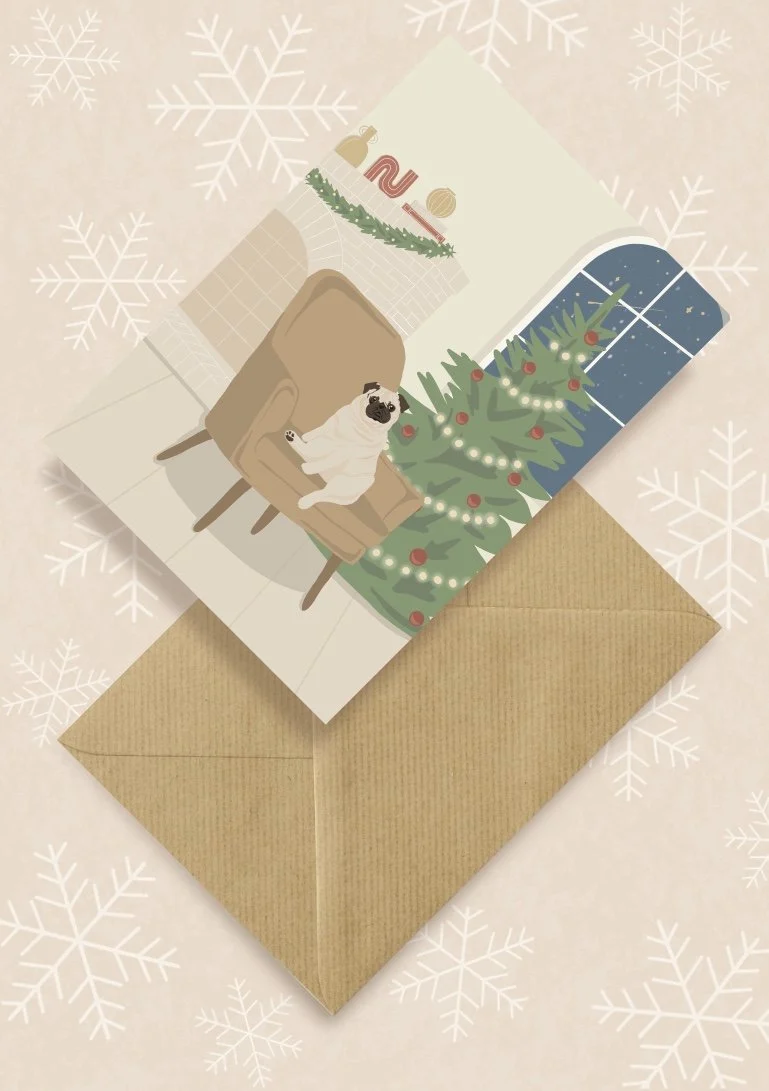 Kartka okolicznościowa "Świąteczny Mops przy Choince" | Pink Pug