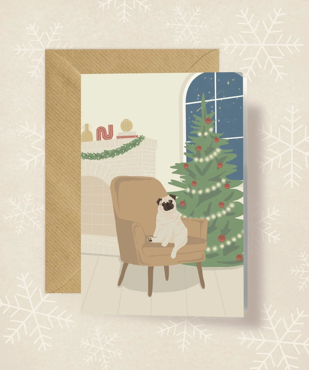 Kartka okolicznościowa "Świąteczny Mops przy Choince" | Pink Pug