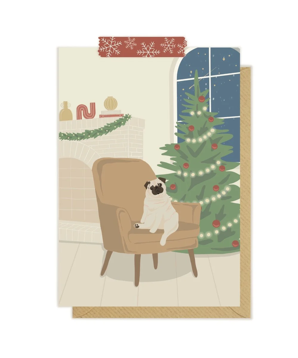 Kartka okolicznościowa "Świąteczny Mops przy Choince" | Pink Pug