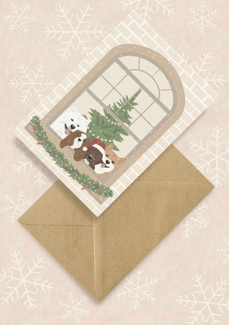Kartka okolicznościowa "Pieski w świątecznym oknie" | Pink Pug