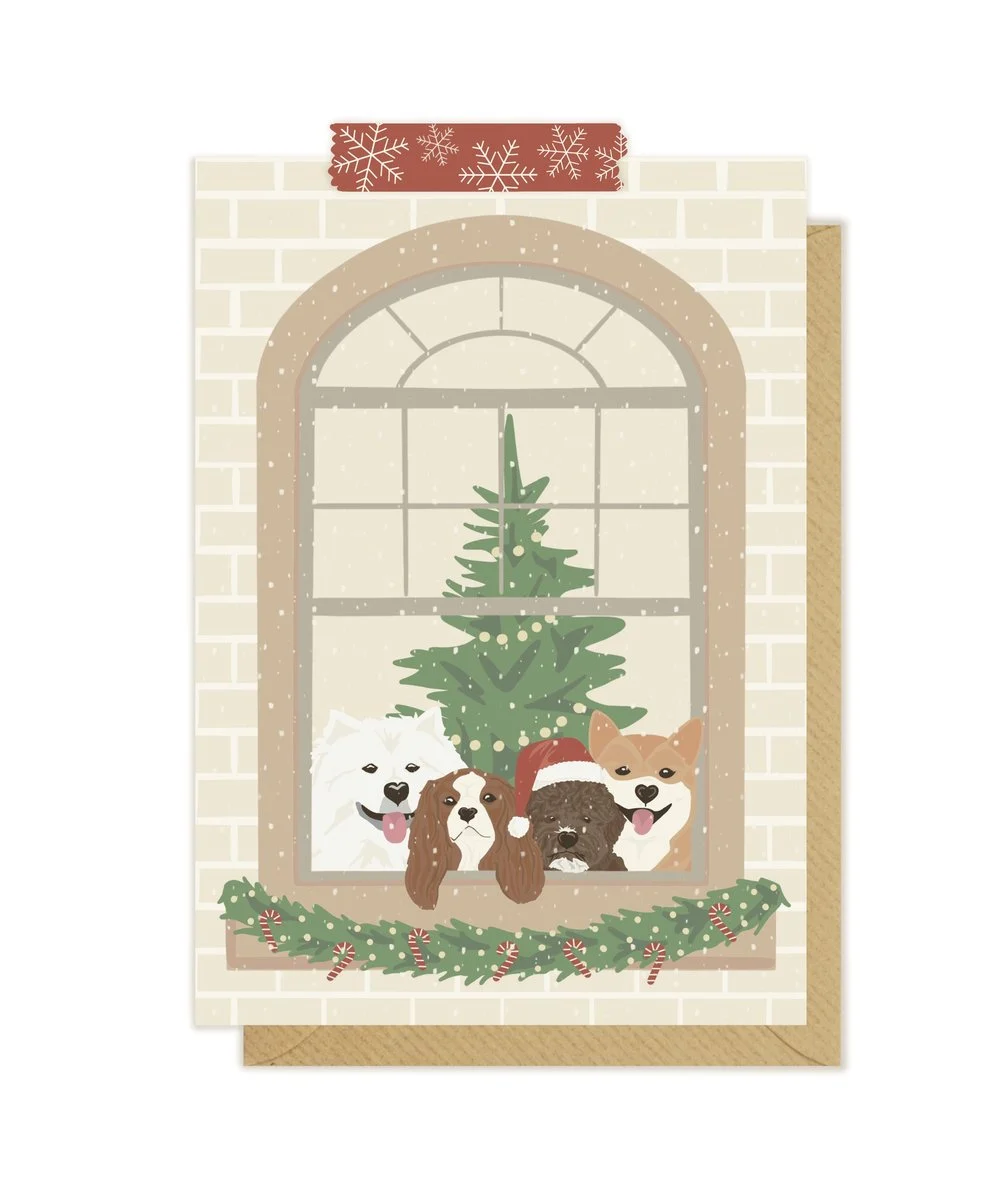 Kartka okolicznościowa "Pieski w świątecznym oknie" | Pink Pug