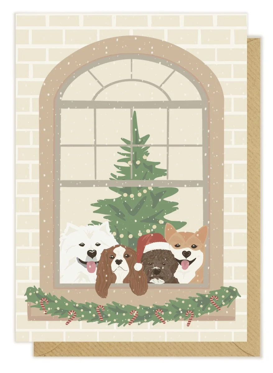 Kartka okolicznościowa "Pieski w świątecznym oknie" | Pink Pug