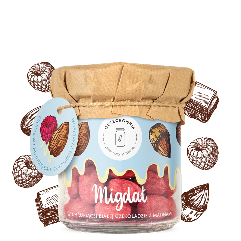 Migdały w białej czekoladzie z malinami | 150 g | Orzechownia