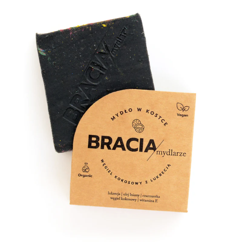 Węgiel kokosowy z lukrecją – mydło węglowe z olejem lnianym | 120 g | Bracia Mydlarze