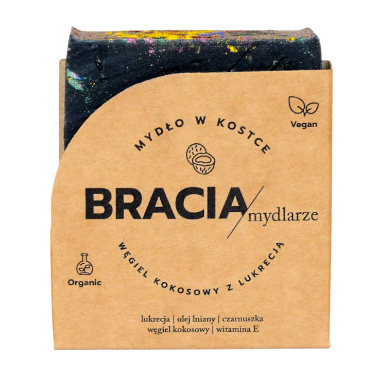 Węgiel kokosowy z lukrecją – mydło węglowe z olejem lnianym | 120 g | Bracia Mydlarze