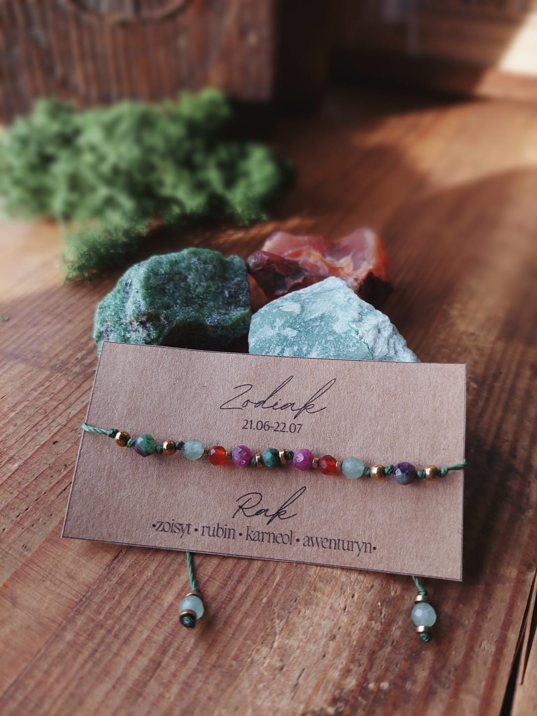 Bransoletka zodiakalna Rak | Zoisyt z rubinem, karneol, akwamaryn