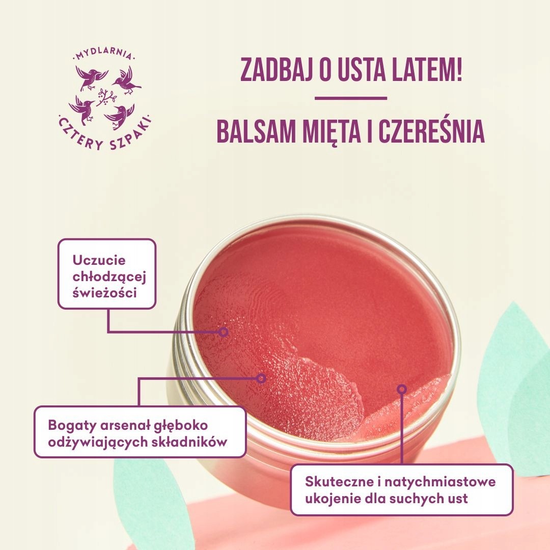 Naturalny balsam do ust z efektem glow | Czereśnia, mięta i mango | 4 Szpaki – regeneracja i ukojenie bez tłustego filmu