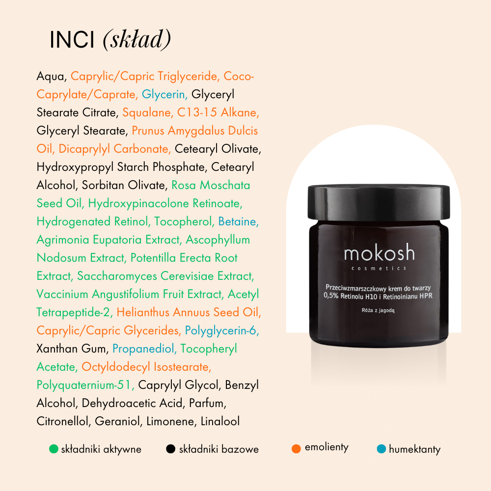 Przeciwzmarszczkowy krem do twarzy 0,5% retinolu H10 i retinoinianu HPR Róża z jagodą | 60 ml | Mokosh