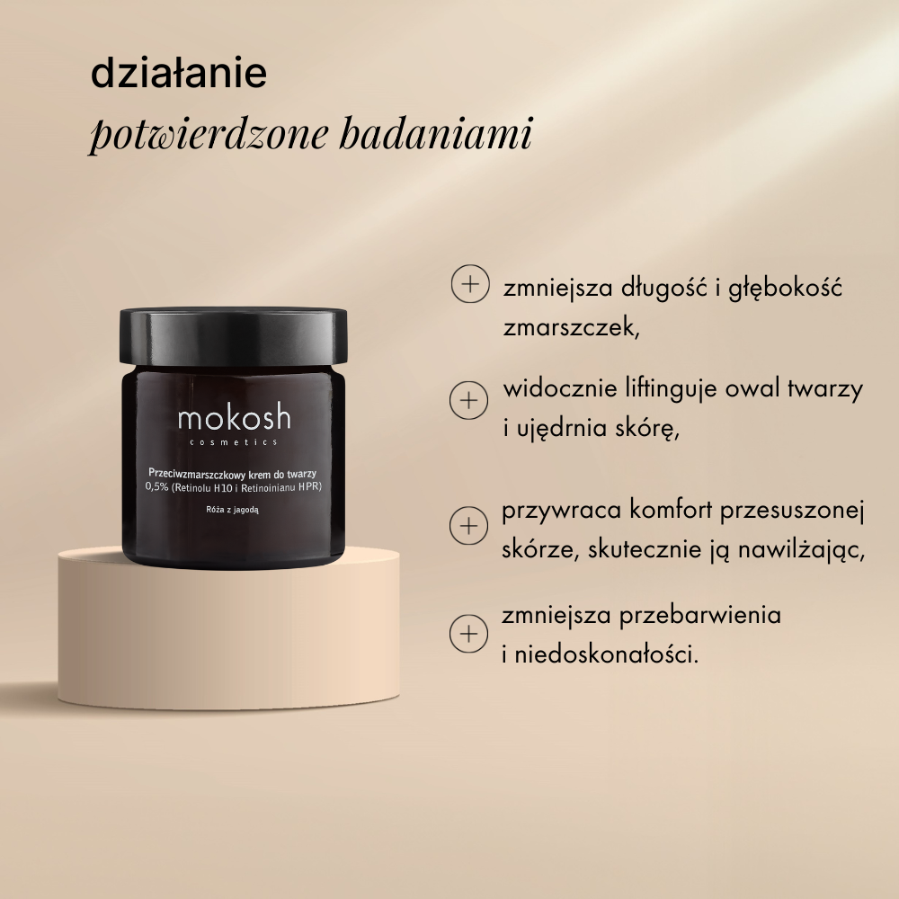 Przeciwzmarszczkowy krem do twarzy 0,5% retinolu H10 i retinoinianu HPR Róża z jagodą | 60 ml | Mokosh
