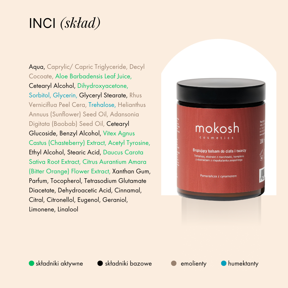 Brązujący balsam pomarańcza z cynamonem Mokosh – ciało i twarz, 180 ml
