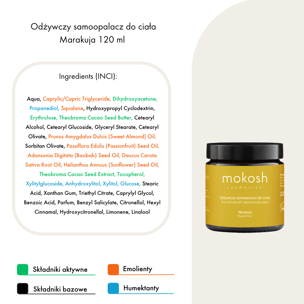Odżywczy samoopalacz marakuja Mokosh – naturalna opalenizna, 120 ml
