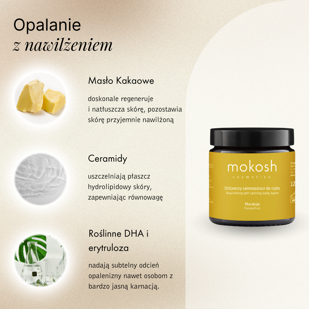 Odżywczy samoopalacz marakuja Mokosh – naturalna opalenizna, 120 ml