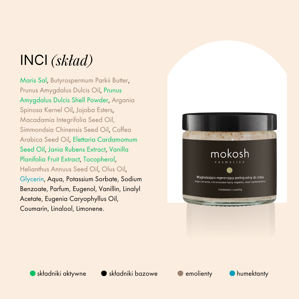 Wygładzająco-regenerujący peeling solny do ciała kardamon z wanilią | 300 g | Mokosh