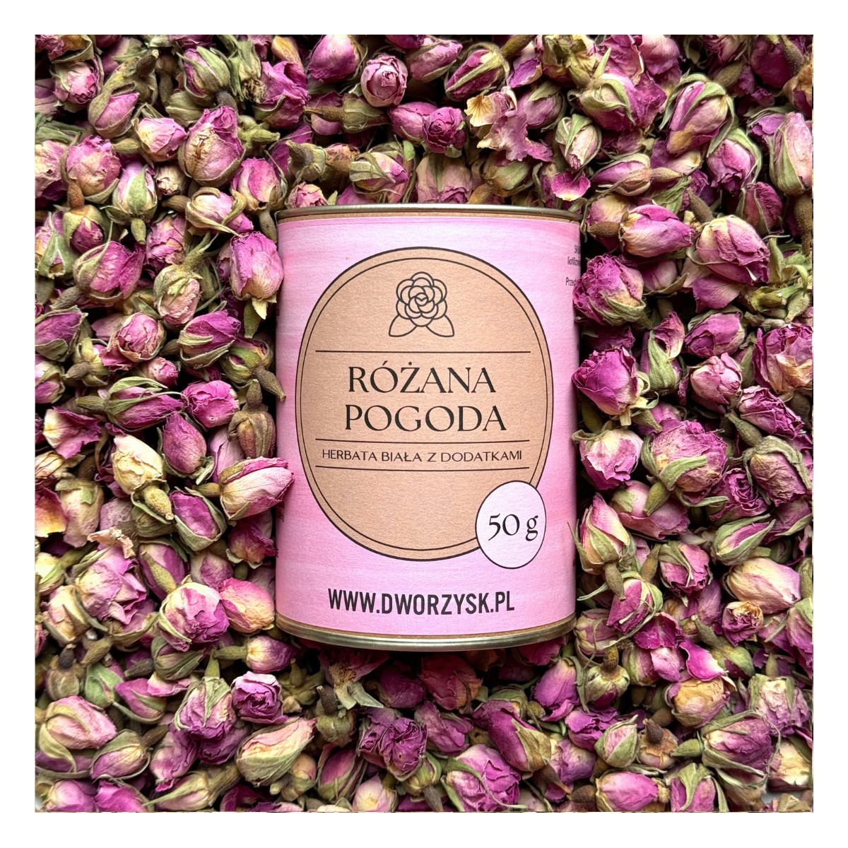 Różana Pogoda – herbata biała Pai Mu Tan z gruszką, różą i brzoskwinią | Dworzysk | 50 g