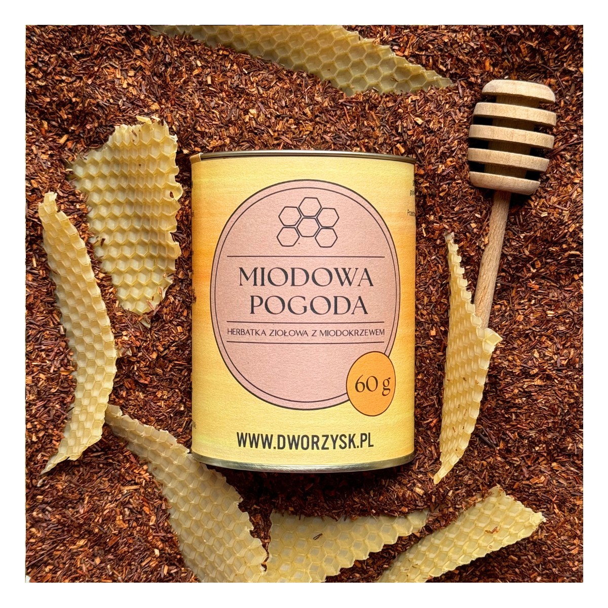 Miodowa Pogoda – ziołowa herbatka z miodokrzewem, rumiankiem i gojnikiem | Dworzysk | 60 g