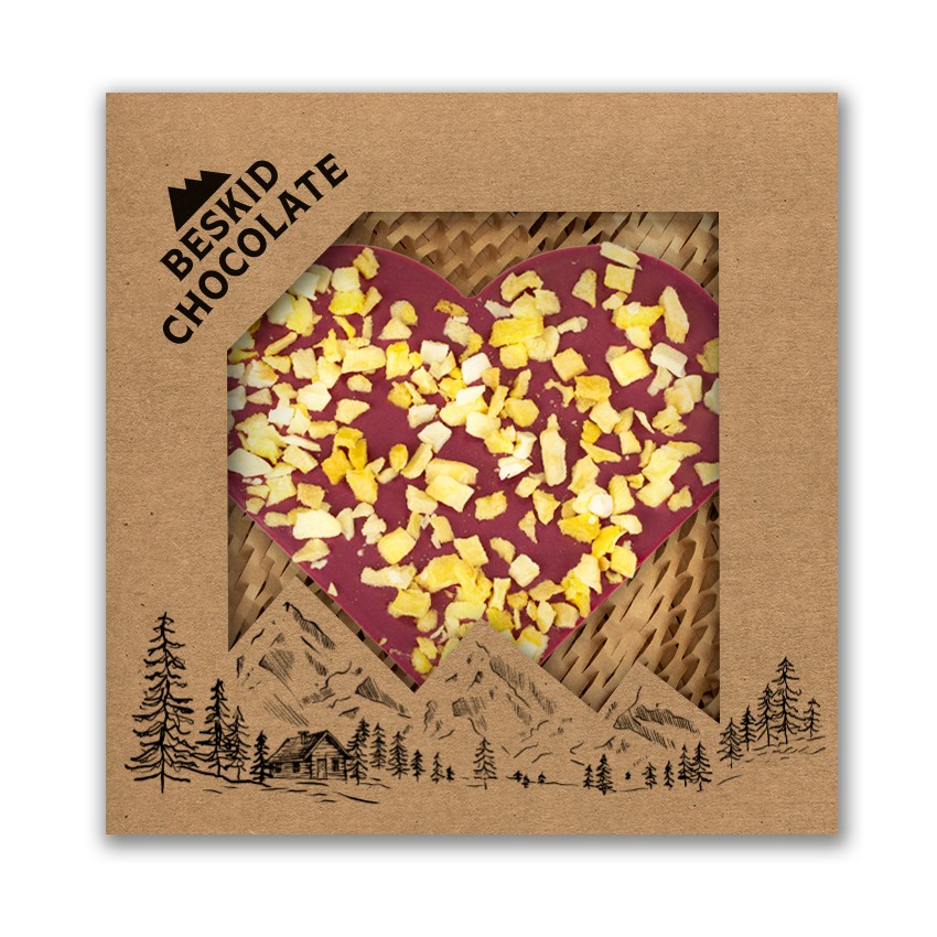 Serce malinowe z mango – biała czekolada | Beskid Chocolate