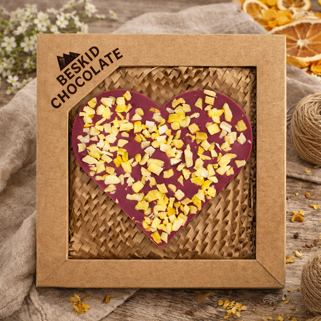 Serce malinowe z mango – biała czekolada | Beskid Chocolate