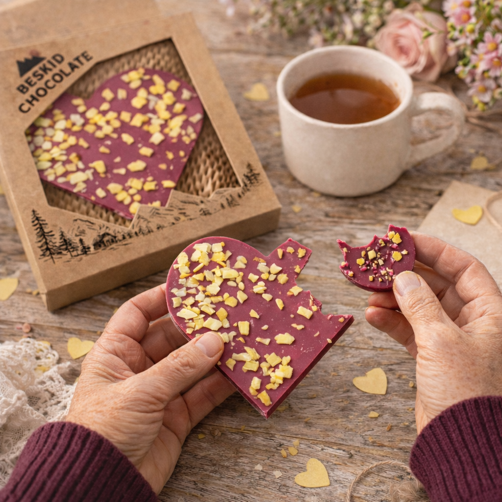 Serce malinowe z mango – biała czekolada | Beskid Chocolate